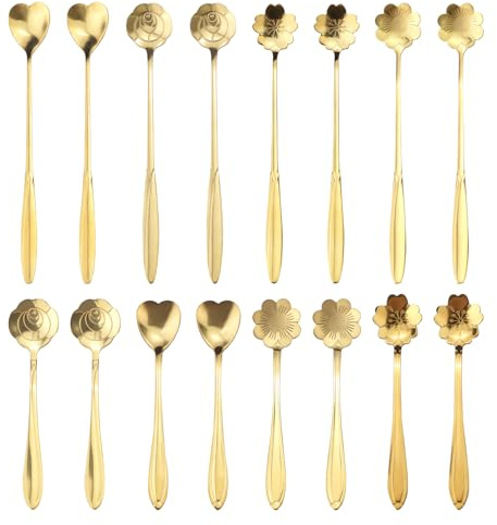 16 Pièces de Cuillères à Café Dorées en Acier Inoxydable, Cuillère à Expresso, Petites Cuillères à Dessert Florales de 12.5 et 17.5 cm, pour Mélanger le Thé, le Sucre et les Gâteaux (or)