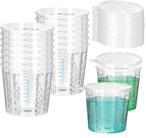 YKUKIZEE 15 Pcs 1400 ml Paint Mixing Cups with 15 Lids, Plastic Resin Measuring Cups with Scale, Clear Graduated Cups with Lid for Epoxy Pigment Liquids