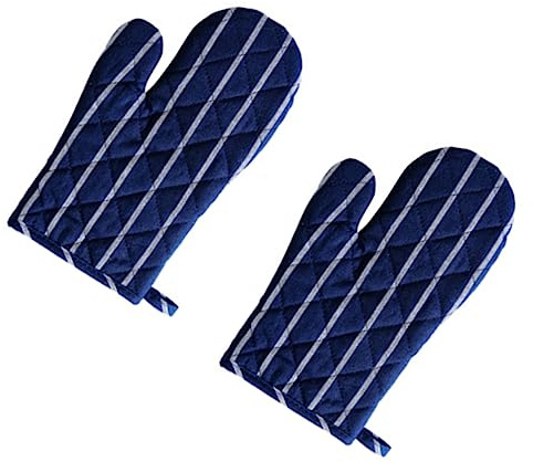 Blue Cotton and Linen Oven Mitts, 1 Pair, Non Slip, Heat Insulating | Striped Pattern, Hanging Rope Design, One Size Fits Most, for Baking, Home Kitchen Use, Women, Bakery Lovers
