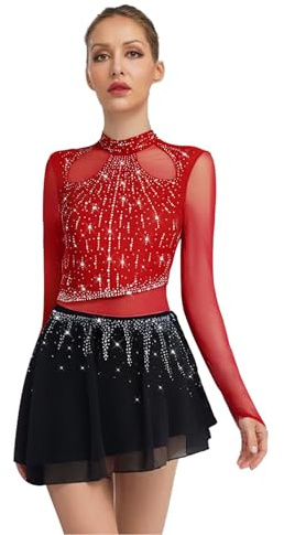 Agoky Maillot De Gimnasia para Mujer Vestidos De Manga Larga De Patinaje Artistico Mono Deportivo Disfraz De Bailarina Actuación borgoña XXL