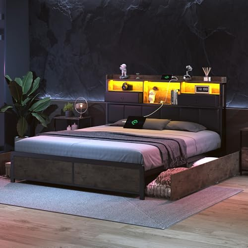 Doppelbett, 140 x 200 cm, mit LED-Beleuchtung und USB-Aufladung, 4 Schubladen und Kopfteil, Polsterbett mit Lattenrost, für Erwachsene und Jugendliche, (140 x 200 cm)