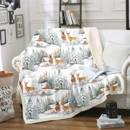 Homemissing Elk Druck Kuscheldecke Wildtiere Muster Decke 150x200cm für Sofa Couch Weihnachts Thema Wohndecke Winter Natur Baum Hirsch Raum Dekoration