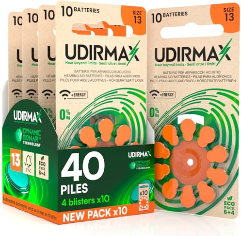 40 Piles Auditives Taille 13 Udirmax PR48 Orange Zinc-Air Eco Pack - 4 Blisters Écologiques de 10 Piles