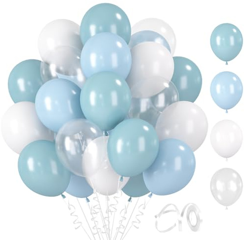 BlooMoo 60 Stück Luftballons Blau Weiß, 12 Zoll Latex Luftballons Blau Weiss Transparent, Helium Ballons, Party Ballons Set, für Geburtstag Hochzeit Baby Shower Dekoration