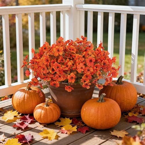 ARVINKEY Artificial Flowers Fake Fall Plants for Outdoor Indoor Garden Decoration, 12 Bundles Silk Orange Fall Mums with Eucalyptus Leaves Fake Plants for Autumn Porch Garden and Home Patio Yard Decor