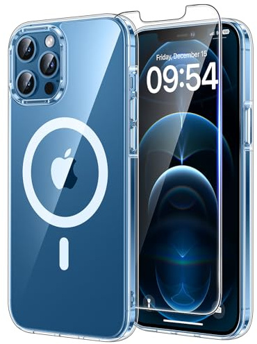TAURI für iPhone 12 Pro Max Hülle 6,7 mit Schutzfolie - Durchsichtig | Kompatibel mit MagSafe, Schutz nach Militärstandard, [Anti-Vergilbung] Stoßfest Magnetisch Handyhülle