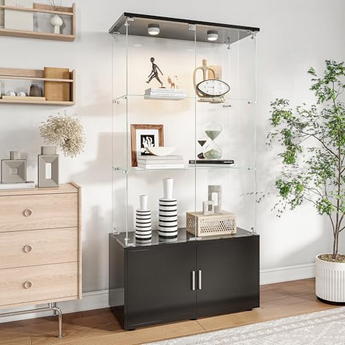 Glasvitrine Stehend, Glasvitrine Standvitrine mit led Beleuchtung, 4 Türen 3 Einlegeböden transparent Unterschrank aus Holz Möbel Vitrine Glas Vitrine, (4Etagen,4Türen+LED-2