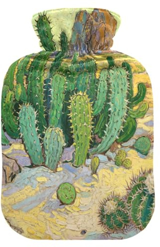Borsa dell'acqua calda verde con cactus del deserto con copertura morbida, 1 litro di impacchi caldi per il corpo per scaldare mani e piedi