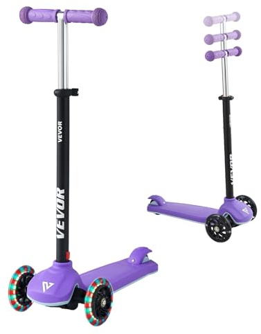 VEVOR Trottinette enfants 3 ans et plus, patinette à 3 roues avec roues lumineuses, guidon réglable en hauteur, large plateau antidérapant, cadre aluminium léger pour garçons et filles à 74 kg, violet