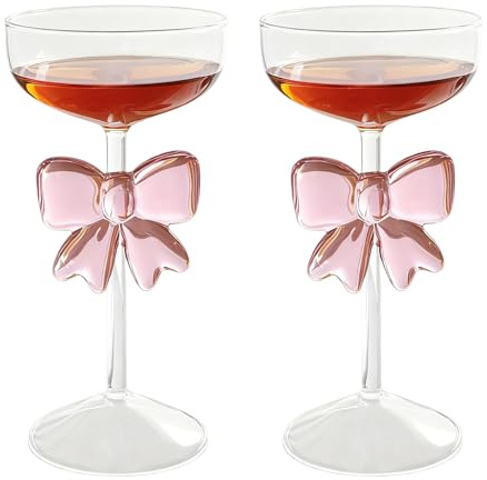 Hapivida Bicchiere da Martini, 300 ml Margarita Bicchieri Cocktail Vetro Coppa Bicchieri di Champagne In Cristallo con Fiocco Rosa per la Casa, il Ristorante, Feste e Ricevimenti (2 Pezzi)