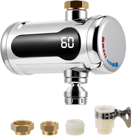 Elektrischer Durchlauferhitzer für Wasserhahn - 3000W, Sofort Warmwasser, LED-Temperaturdisplay, IPX4, Inkl. Adapter für Küche, Bad, Garten & Wohnwagen (230V) (Style A)