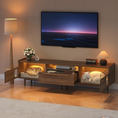 Merax Mueble de TV moderno con iluminación LED – Mueble bajo multifuncional con sala de descanso para gatos, palancas de apoyo, puertas de cristal reforzado de acero y 1 cajón, nogal, 180 × 40 × 50 cm