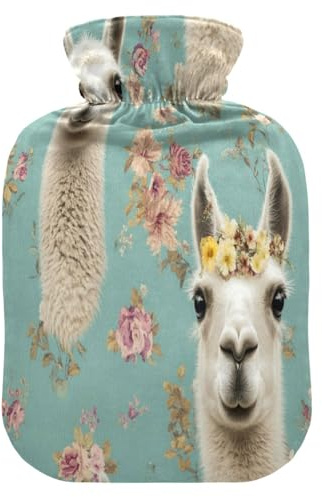 Wärmflasche mit Alpaka-Blume, mit weichem Bezug, 1 l Wasserbeutel für Muskelkater, Muskelkater, Blau