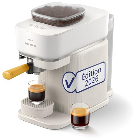 PHILIPS Baristina Espressomaschine mit Milchaufschäumer, Weiß, 16 Bar | mahlt, tampt & brüht automatisch, leichte Reinigung, Keramikmahlwerk (BAR305/03)