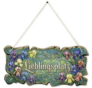 Putuo Decor MDF Hängeschild „Lieblingsplatz“ mit Iris Blumenmotiv, Vintage Landhaus Türdeko zum Aufhängen für Gartenhaus Terrasse Balkon Veranda Wintergarten, Dekoschild für Eingang Wohnzimmer