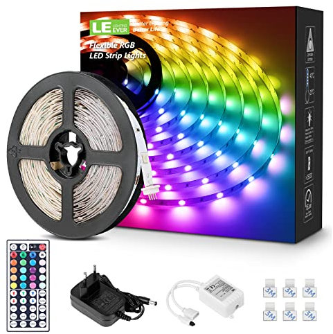 LE 5M RGB LED Strip Set, 5050 SMD LED Streifen, 12V, Selbstklebend LED Strips, Flexibel LED Band, LED Leiste, LED Lichtband IP20, Netzteil und Controller enthalten
