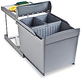 Emuca - Poubelles de recyclage pour la cuisine, 1 x 16L + 2 x 7,5L, fixation inférieure et extraction automatique, Plastique gris