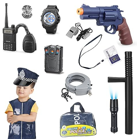 FENYW Kinder Polizei Kostüm, 13-teiliges Polizei Set mit Mütze, Weste, Handschellen, Walkie Talkie, Pistole - Halloween Kostüm für Karneval & Party