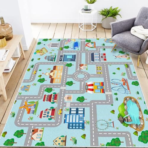 MLLgYq Kids Car Rug, 2' 7 x 4' City Life Traffic Road Playmat for Toy Cars Trains, Non-Slip Race Track Carpet Educational Fun Rugs for Boy and Girl Bedroom Nursery