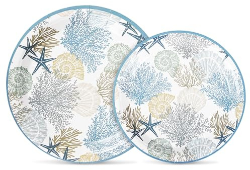 Elyxio 48 Pcs Ocean Party Plates Summer Beach Paper Plates Nautical Coastal Coral Starfish Seashell Decorative Disposable Plates for Party Decorations Supplies (Ocean Blue)