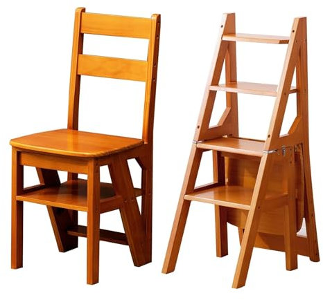 4 Tier Folding Step Ladder, Portable Convertible 2-in-1 Solid Wood Ladder Chair, Display and Storage Shelf，for Library, Home Kitchen(A)