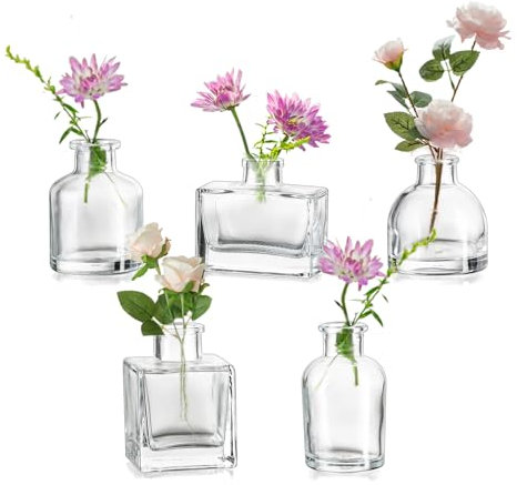 Hewory knoppvaser i glas för blommor: 3 cm (B) x 6 cm (H) miniglasvas klar små vaser för bordsdekoration – 5 st blandade minivasar för bröllop mittpunkt, vardagsrum, dekor, hemmafest, födelsedag