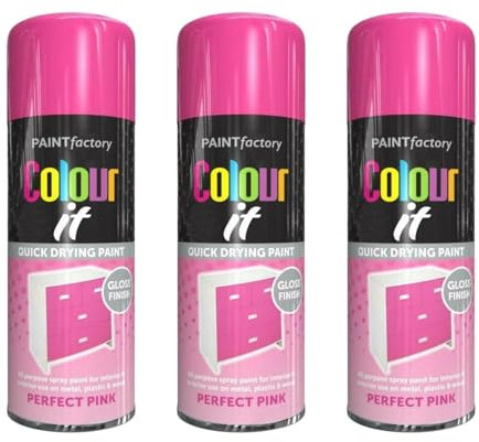 GSV Essentials Perfect Pink Aerosol Spray Paint, Gloss Finish, Quick Drying, Bright Colour, Durable And Long Lasting, Interior Exterior Use On Metal, Plastic, Wood, 250ML (3PCS)