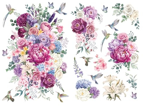 Joeyan Möbelaufkleber, Rub On Sticker Blumen Transferfolie für Crafts, 2 Große Aquarell Pfingstrose 42x30cm, DIY Home Decal auf Holz Glas Metall Leinwand Porzellan Papier Kunststoff, Rosa und Lila