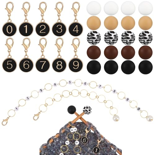 COGCHARGER DIY Knitting Tool Sets 32Pcs Including Alloy Enamel Crochet Stitch Markers Knitting Row Counter Chains Silicone Knitting Needle Stoppers for Knitting Project(Black)