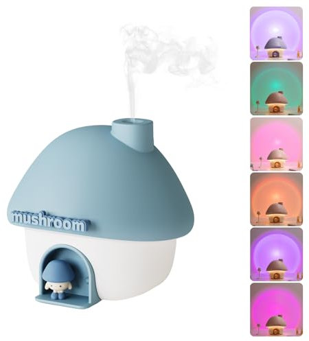 Justup Luftbefeuchter, 300ml Süße Pilz Haus Befeuchter USB Mini Luftbefeuchter mit 7 Farben Licht, Automatische Abschaltung und Leise für Büro,Schlafzimmer,Auto,Desktop (Blau)