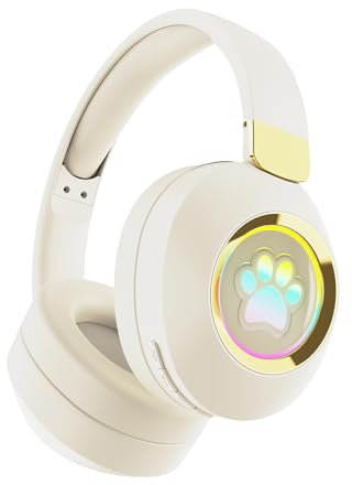 RigWig ST856 Wireless Bluetooth Headphones - Dog Paw Design, Colorful LED Lights, 40mm Loudspeakers, Bluetooth 5.3, FM Radio, Foldable & Comfortable for Kids, Travel, Work, (Beige)