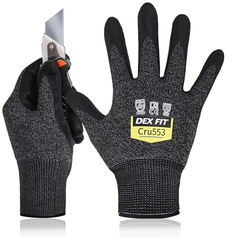 DEX FIT Cru553 Gants Anti-Coupure Niveau 5, Power Grip Antidérapant, Confort 3D comme à Mains Nues, Fins & Légers, Respirants, Compatibles Écran Tactile, Lavables; Noir Gris 10 (XL) 1 Paire