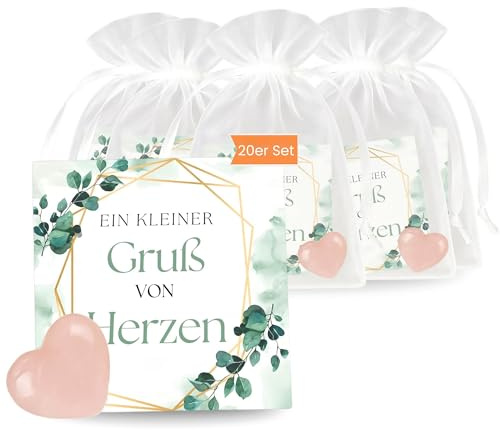 Milaboo® Gastgeschenke Hochzeit – 20er Set „Ein kleiner Gruß von Herzen“ mit Rosenquarz Herzstein – Schön dass du da bist Gastgeschenk (ein kleiner Gruß von Herzen)