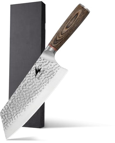 HAZMUSS Couteau de Chef 19,8 cm en Acier Inoxydable à Haute Teneur en Carbone – Couteau de Cuisine Chinois Martelé Avec Manche Ergonomique en Bois de Pakka, Lame de Précision Pour la Cuisine Maison