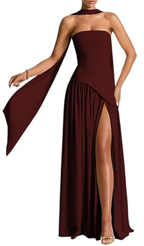 Women Strapless Corset Asymmetrical High Split Flowy Maxi Dresses Evening Gown Wedding Guest Dress with Scarf (Wine Red, M)