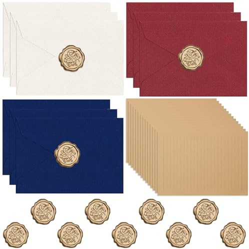 pclapora Set Di Vintage Carta da Lettere con Busta, Buste Per Inviti con 20 Fogli di Carta da Letteres Vintage in Formato A5, 9 Buste Lettere in Lino e 9 Adesivi con Sigillo di Cera, per Compleanni