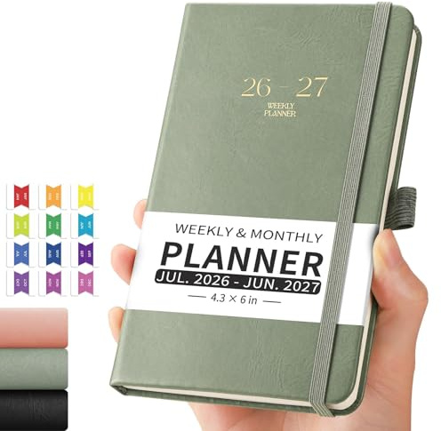 EMSHOI Pocket Calendar 2026-2027, Small Mini Academic Planner Weekly and Monthly, July 2026-June 2027, School Student Teacher Agenda, Leather Hardcover, 100GSM Paper, Tabs, A6 4.3x6, Light Green