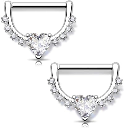 OUFER 14G - Piercing para pezón, diseño de corazón, 14 mm, acero quirúrgico 316L, con circonitas transparentes, elegante joya para el cuerpo para mujeres, 14G14mm, Acero inoxidable, Metal.