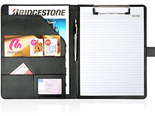 H&S A4 Klemmbrettmappe - Schreibmappe aus Kunst Leder mit Schlaufe, Klemmbrett, Taschen und Schreibblock in Schwarz - Organizer Mappe auch für Feuerwehr und Polizei oder Fahrer - Klemmbretttasche