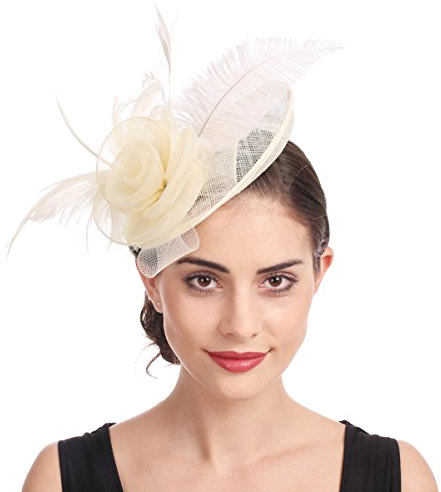 Haojing Fascinators Wedding Chapeau Cocktail Tea Party Royal Ascot Chapeaux Flower Mesh Rubans Plumes sur Un Bandeau et Un Clip de Pelle pour Les Filles et Les Femmes (A4-Beige)