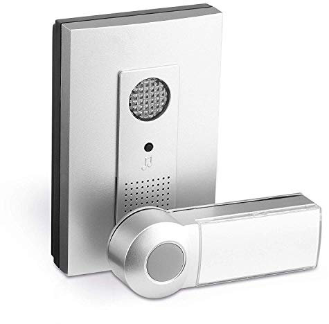 conecto CC50231 Funktürklingel Türklingel Funkklingel Set mit Sender/Funk-Taster u. Empfänger/Klingel mit LED (100m Reichweite, 36 Klingeltöne, kabellos, Wireless, batteriebetrieben, IP44) Silbergrau