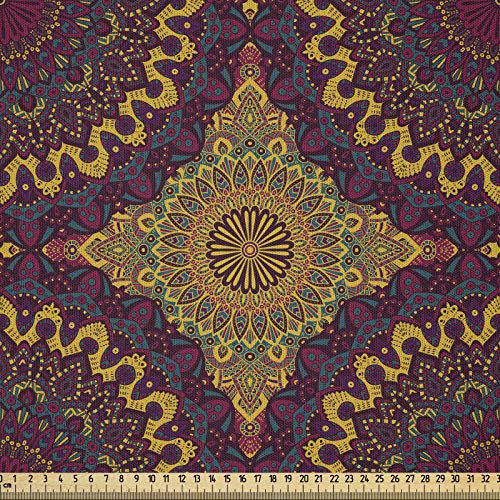 ABAKUHAUS marokkanisch Stoff als Meterware, Stammeskunst Mandala, Microfaser Multi Zweck Dekostoff für Kunsthandwerke, 3M (230x300cm), Benzinblau Gelb Pflaume