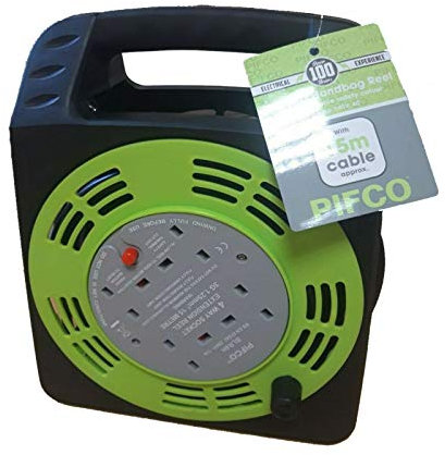 Daewoo Extension Reel, 4 Way Socket with 15 Metre Cable, Heavy Duty with Resettable Safety Cut Out, Handbag Reel, Black and Green