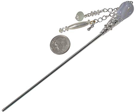 Hair Stick, Artisan Blue Lace Agate Genuine Gemstone+ Silver Colored 5.5 Hairstick (Basket Slightly Bent by Design for Artistic Flair) with Genuine Austrian Crystal x1pc