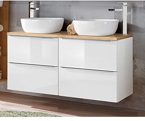 Lomadox Mobile da bagno doppio, 121 cm, mobiletto lavabo in bianco lucido con legno di voto, con 2 lavelli in ceramica