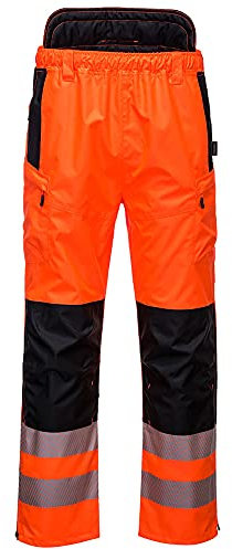 Portwest PW342 PW3 Men's Hi-Vis Extreme Waterproof Rain Trousers with Pockets - Reflective High Viz Outdoor Safety Workwear, Orange/Black, L