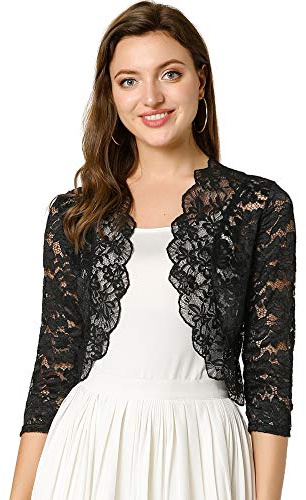 Allegra K Boléro Femme Élégant en Dentelle Floral à 3/4 Manches Cardigan Transparent à Haussement d'Épaule Boléro pour Mariage et Fête Gilet Court Léger Devant Ouvert Noir XL
