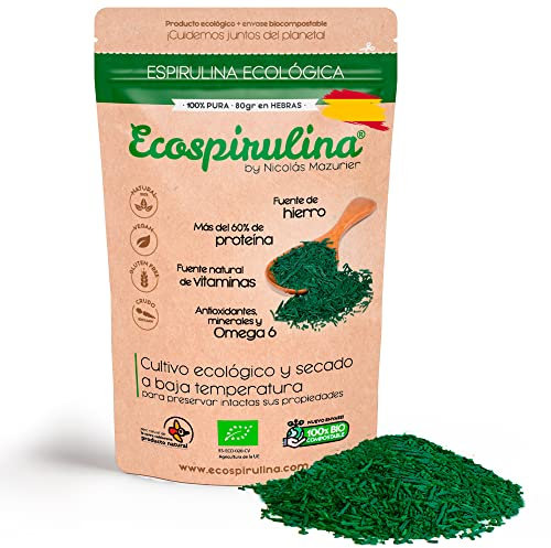 Espirulina Ecológica cultivada y Certificada en España - Fuente natural como suplemento de Proteína vegana, Hierro y Vitamina B12, Biotina (B7) - Detox