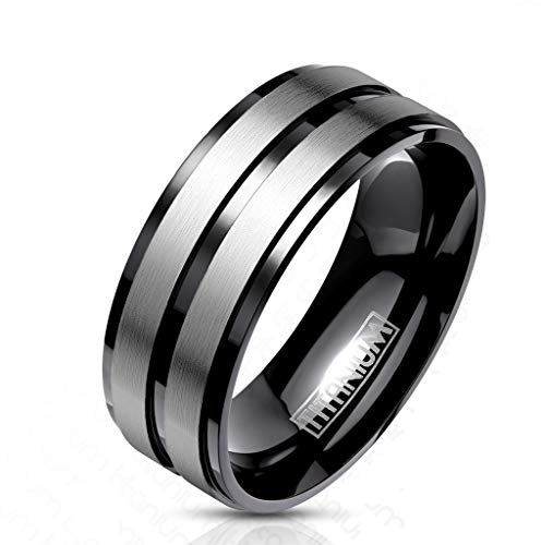 Paula & Fritz® Ring Herren Silber-ne Streifen Titan-IUM Größe 67 (21,3) Schwarz 8-mm breit Damen-Ring Partnerring Ehering Verlobungsring Bandring