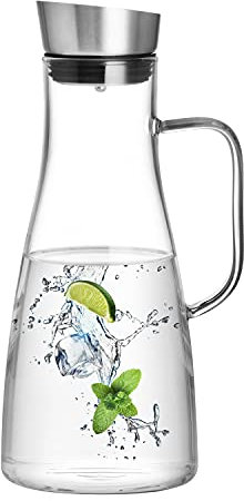 CNGLASS 1.65L Glass Water Jug with Stainless Steel Lid, Heat Resistant Glass Pitcher for Juice,Tea & Beverage